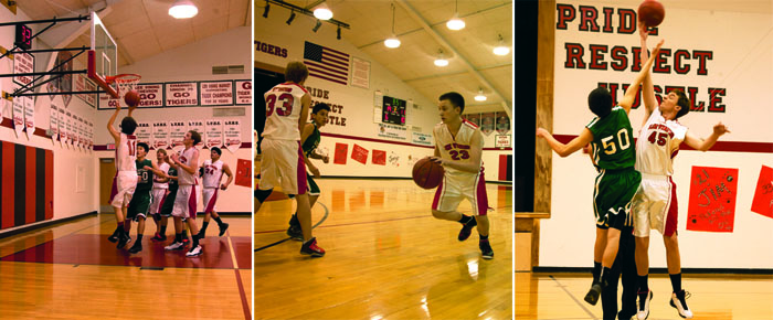 From left: Junior Guard Damon Dondero drives for two; Jaxon Qualls sets a pick for Connor Yost; Ian Clemons, who led the Tigers with 22 points, comtrols the tip. Photo by Pellegrini.