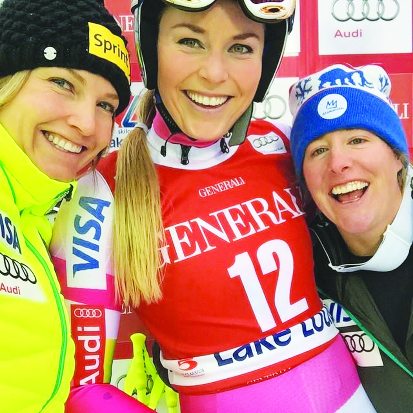 (L-R) It was the first ever all-American podium in alpine World Cup ski racing on December 6, when Julia Mancuso took third, Lindsay Vonn the win, and Mammoth’s Stacey Cook captured the silver in the Ladies World Cup Downhill at Lake Louise. Photo courtesy: Facebook-Stacey Cook.