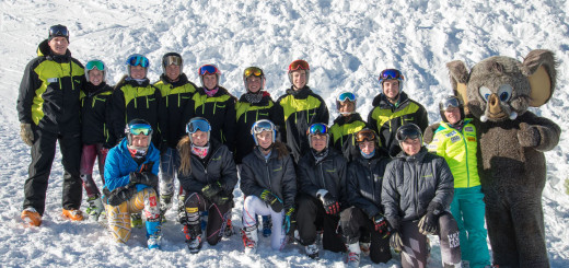 Mammoth Mountain Ski Team’s 2014 Far West Masters Scholarship winners are joined by Far West Masters representative Miles Anderson far left and former scholarship winner Stacey Cook and Woolly on the far right. Photo courtesy: Sue Morning/MMCF.