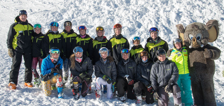 Mammoth Mountain Ski Team’s 2014 Far West Masters Scholarship winners are joined by Far West Masters representative Miles Anderson far left and former scholarship winner Stacey Cook and Woolly on the far right. Photo courtesy: Sue Morning/MMCF.