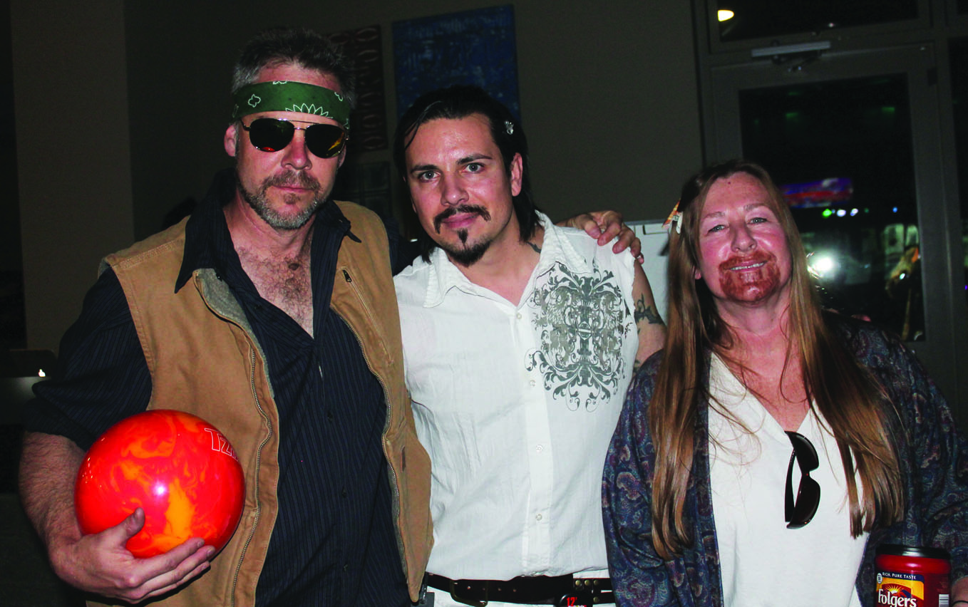 Jack Lunch (dressed as Walter), Lazarus Williams (The Dude as Karl Hungus) and Michelle Klemann (The Dude) at Mammoth Rock ‘n Bowl’s 1st ever Lebowskifest on Wednesday.