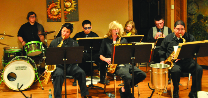 The MHS Advanced Jazz Band at a recent performance at the Bistro at Snowcreek. Front Row L-R: Connor Kusumoto; Connor Craig; Andre Beltran (MUSD Director of Music). Back Row L-R: Jesse Worden; Jesus Teran; Lynn Regelbrugge; Hayden Mannetter. Not pictured: Oscar Sanchez