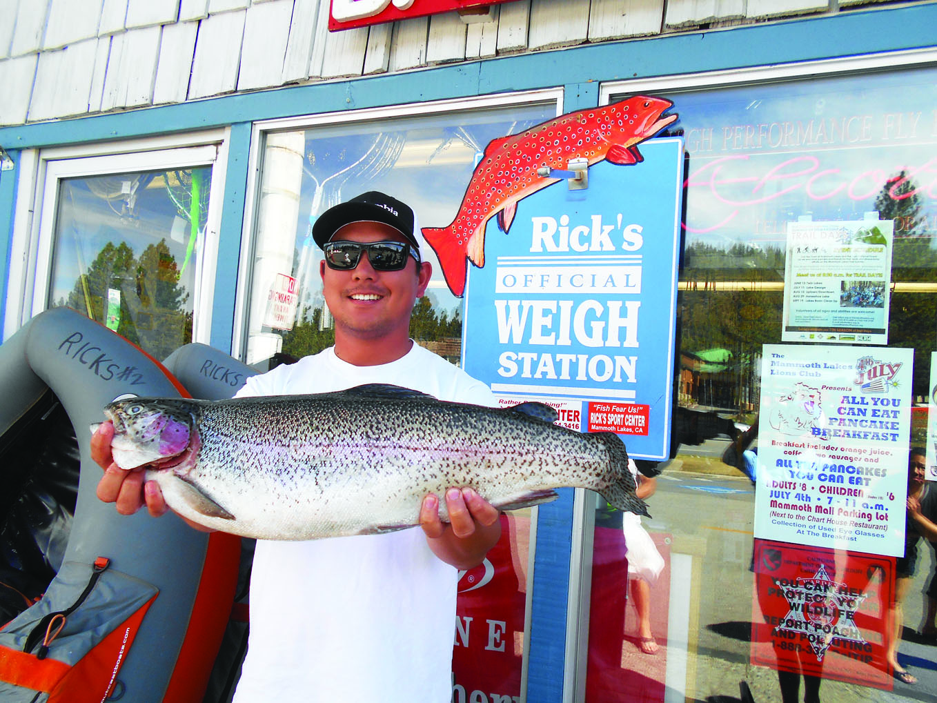 Keone Tyau of Wilmar won this year’s Fred Hall Fishing Derby with a 7 pound, 3 ounce big boy caught at Lake Mary. Tyau will take home $1,500 worth of fishing treasures, from rods and reels to gift certificates. Not to be confused with the grand-daddy of all sport shows in Southern California, the Fred Hall Sport Show that draws hundreds of thousands, the Fred Hall Father’s Day Fishing Derby is a small-town homage from a son to his father. The event is sponsored by Bart Hall, Fred’s son. Fred had brought Bart to the Eastern Sierra since he was an infant.“The Fred Hall Shows are my life but the Eastern Sierra is my passion,” Bart said. “I travel and fish all over the world and there are very many very special places on this planet, but when I want to relax and get back to my roots I come back to the Eastern Sierra.” The derby was a biggest fish take all event and the weigh-in took place at Rick’s Sport Center. The fishing had to be done in the Mammoth Lakes Basin.