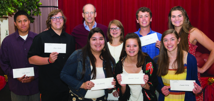 2015 Mammoth High School No Runner Left Behind scholarship award recipients, left to right: Victor Garcia, Jesse Worden, donor Tomas Rodriguez, Karina Lopez, Sophia Schuldt, Alexis Rousek, Carson Bold, Amanda Kirkeby, and Hannah Everson. Each graduating senior received $500 toward their college education. Photo courtesy: Tomas Rodriguez.