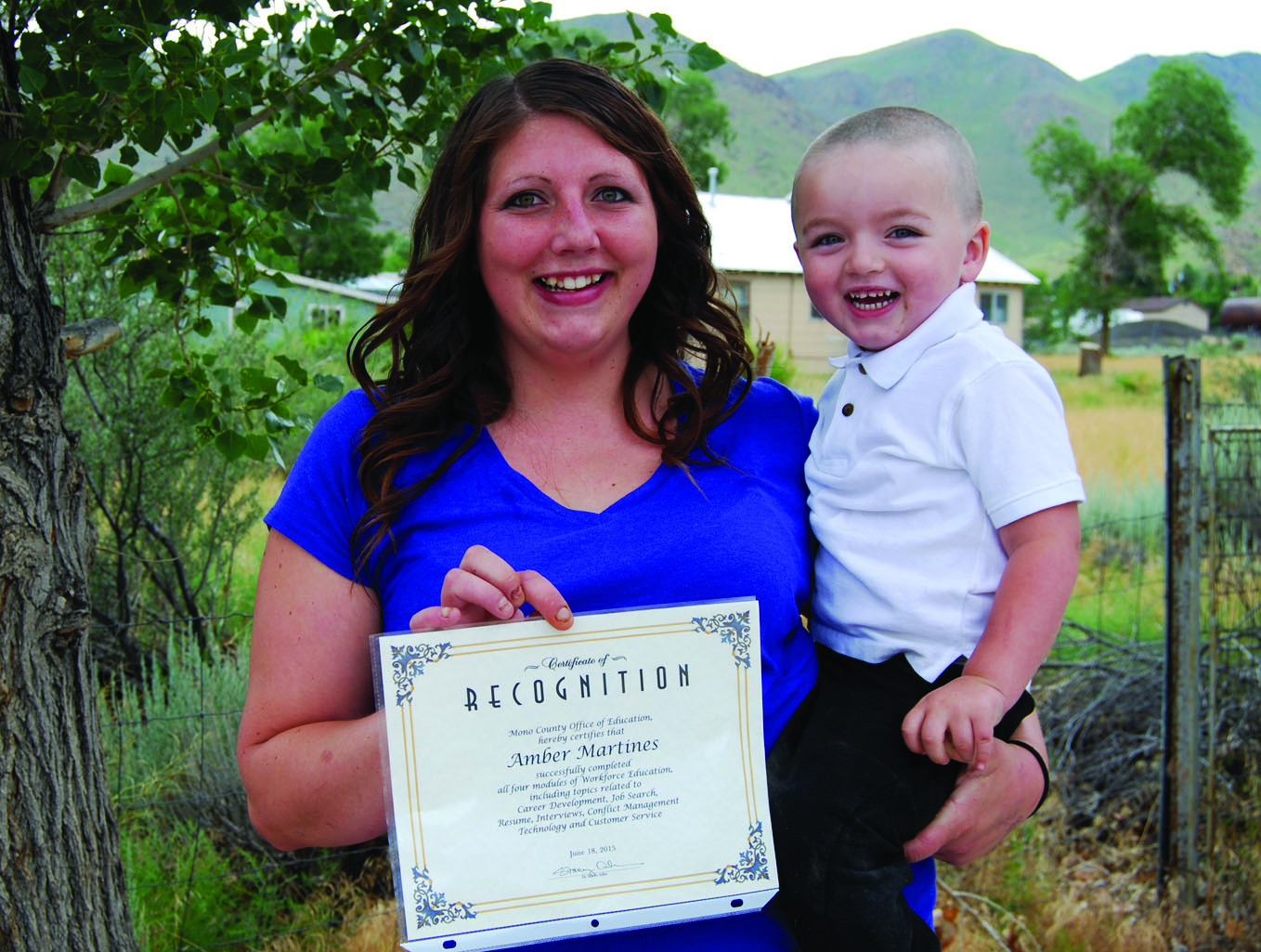 Congratulations to Amber Martines of Coleville (pictured here with son, William), who completed the Mono County Office of Education Workforce Education Program! The Workforce Education Program, presented in partnership with the Mono County Department of Social Services, provides its students with assistance in resume building, interviewing skills, job search, networking and communication strategies and basic technology skills. The program is free and will be offered again this fall.