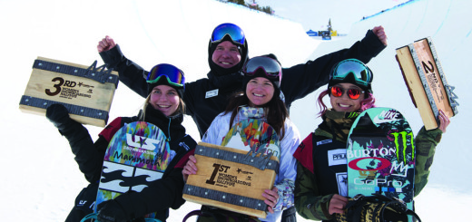Ben Wisner, Director Mammoth Snowboard and Freeski Teams, stand for a photo with Mammoth ladies Maddie Mastro, Kelly Clark and Chloe Kim after the trio swept the podium in the ladies halfpipe.