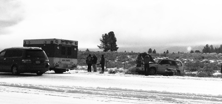 This car crash occurred at 9 a.m. on Martin Luther King Day, on State Route 203 near the onramp to 395. According to Mammoth Lakes Fire Marshal Thom Heller, one car slid coming down the onramp from the north side of 395 through the intersection and hit a passenger vehicle that was heading onto the southbound onramp. There was one injury, and both vehicles were totaled. “We ended up having to remove the door off of the one vehicle, which was the Subaru, in order to get the individual extricated out of the car and onto the backboard and taken to the hospital by the Mono County Paramedics,” he said. Photo courtesy: June Simpkins.