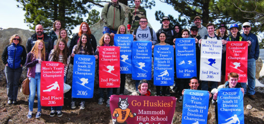 Members of the Mammoth High School Ski and Snowboard Team hold this season’s banners. Mammoth defeated Davis 1879 to 1869 in the State Championships held March 7-10.